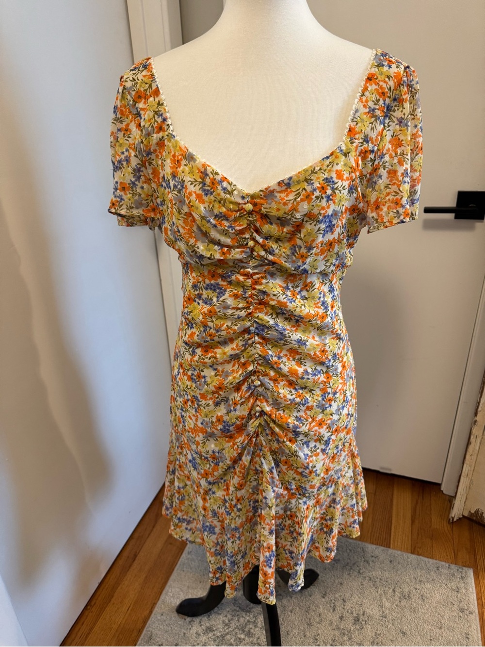 Astr Floral Ruched Mini Dress in Yellow, Orange & Blue